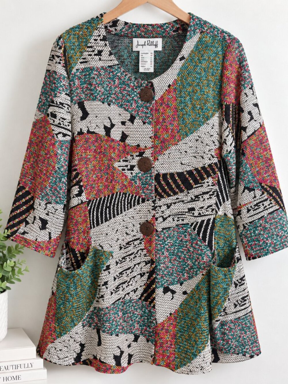 Vintage Joseph Ribkoff Womens Multicolor Abstract Knit Tunic Cardigan Top Sz 14